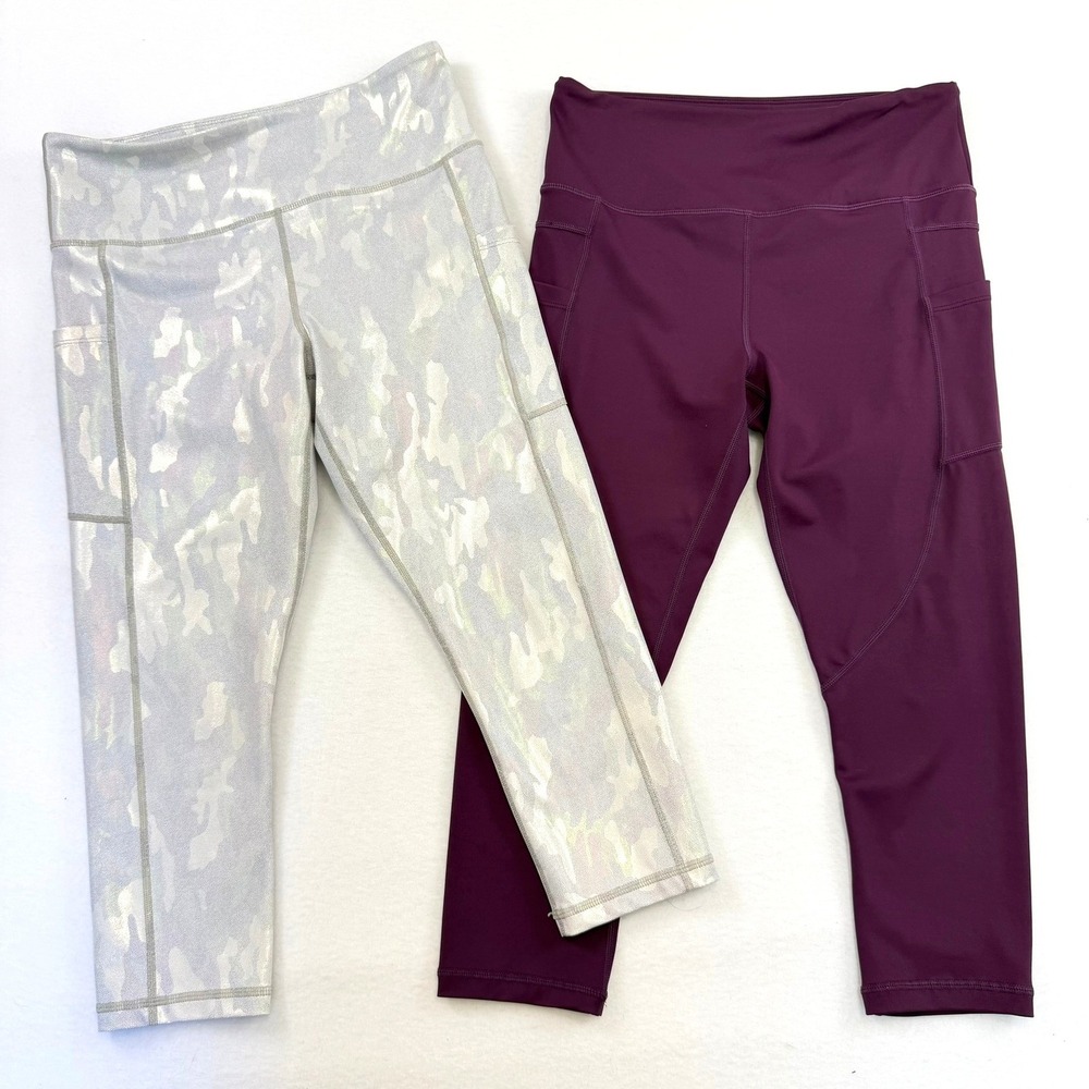 Zyia Active Leggings 2 Pack Purple & Metallic Silver Camo‎ High Waisted Pockets